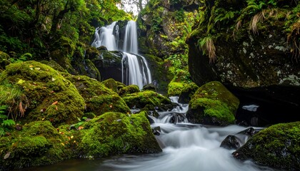 Lush forest waterfall scene