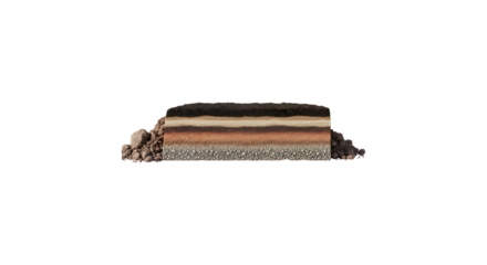 Cross section of soil layers isolated on transparent background showing different textures and colors, representing soil science and environmental studies