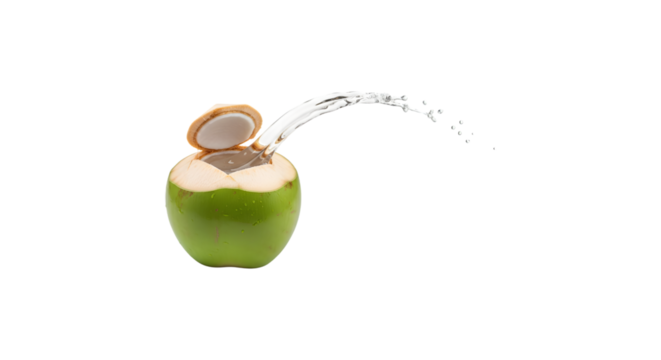 Fresh green coconut with water splash isolated on transparent background, showcasing tropical fruit, hydration, and refreshing beverage for summer