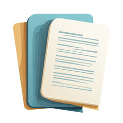 Stack of stylized document icons with text lines in blue and beige.