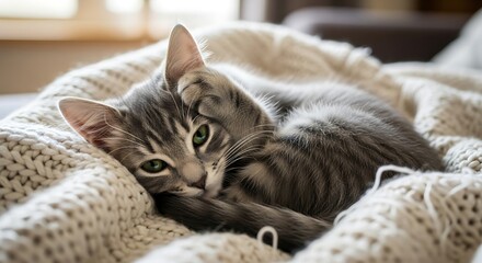 Adorable grey tabby kitten relaxing on a cozy knitted blanket.