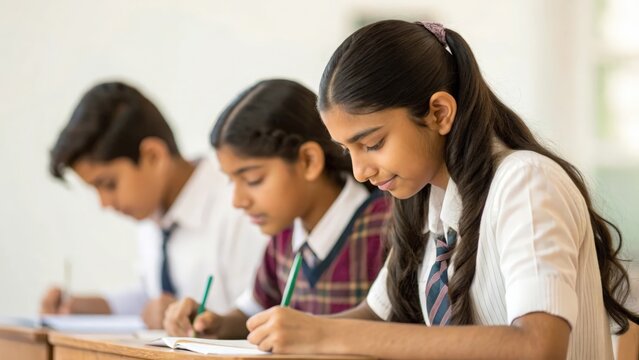 Group of Indian students collaborating at school desk — focused on learning and academic success
