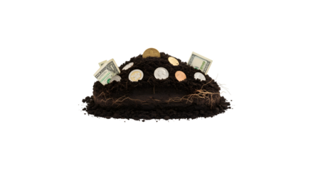 Money and coins growing from soil isolated on transparent background, symbolizing financial growth, investment, and the potential for wealth creation