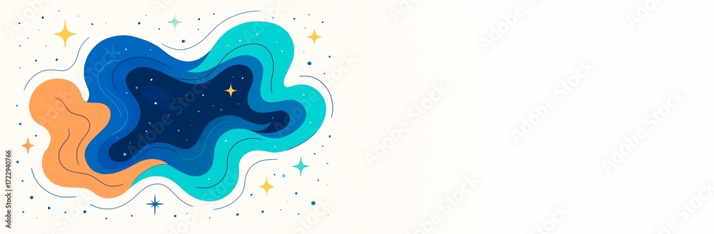 Wall mural abstract fluid-style cosmic background with colorful waves and stars on light backdrop, featuring ri