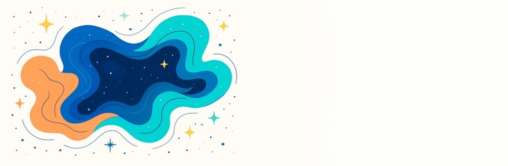 Abstract fluid-style cosmic background with colorful waves and stars on light backdrop, featuring right-side empty space for copy or design. Ai generative