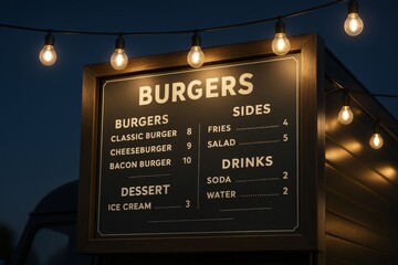 Food truck burger menu mockup with prices illuminated by hanging lights at night for branding and layout presentation concept template. Ai generative