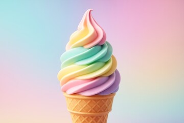 Colorful rainbow swirl ice cream cone with soft abstract light background and pastel tones in a creative dessert concept image. Ai generative