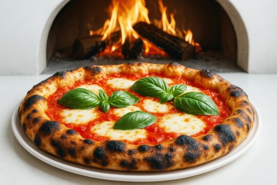 Traditional Margherita pizza with fresh basil on a plate in front of a wood-fired oven with burning logs and warm flames in the background. Ai generative