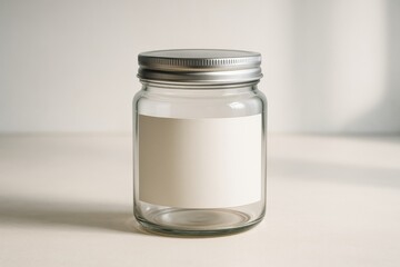 Empty glass jar with blank label standing on light surface, clean background, ideal for branding mockup and product packaging design concept. Ai generative