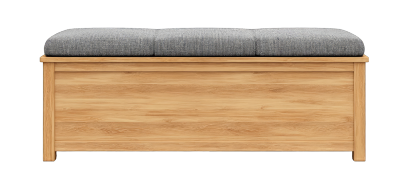 Light-brown wooden storage bench with gray upholstered seat