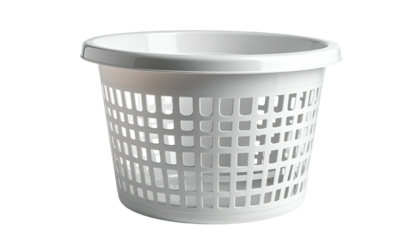 Small, white, plastic laundry basket with a grid pattern and a solid top rim