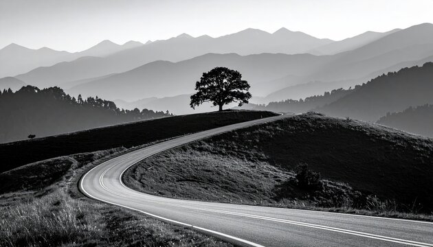 Winding road leading to a lone tree atop a hill, with misty mountains in the background - Powered by Adobe
