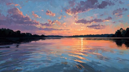 Sunset glows over serene water, reflecting colorful clouds, bordered by trees