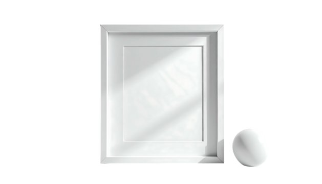 A simple white rectangular frame sits on a black background, angled slightly, with a small white sphere to its right, illuminated by sunlight casting diagonal shadows