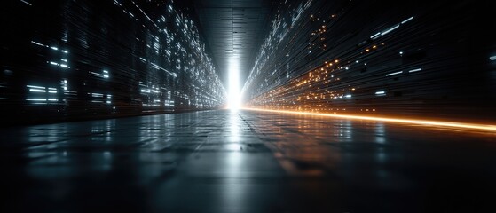 Futuristic tunnel with digital light trails and glowing lines converging towards a bright vanishing point.