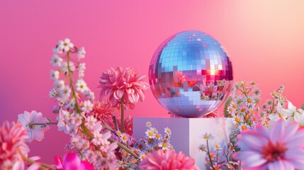 Blooming florals with mirror ball and dreamy candy colored bokeh, playful garden party scene