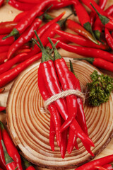 Freshly Picked Red Sichuan Chili Peppers Bundle on Wooden Board - Farmers Market Harvest