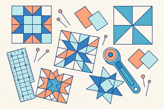 Quilting tools and geometric patchwork patterns in blue, orange, and teal tones on light background for sewing and craft design concepts. Ai generative