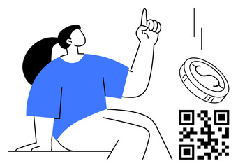 Female figure sits pointing upward at a floating coin in motion, accompanied by a QR code. Ideal for finance, technology, investment, innovation, e-commerce, mobile payment, simple flat metaphor