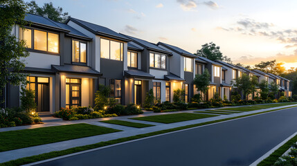 Fototapeta premium Modern suburban community in Australia with row of stylish new townhouses, landscaped grass lawns and streetlights, contemporary residential property design perfect for real estate advertising