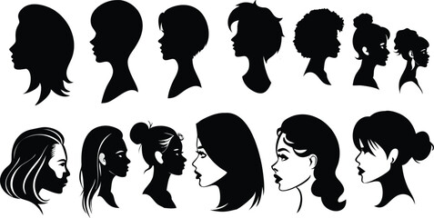 Diverse woman silhouette profiles collection, elegant hairstyle designs, perfect for beauty salon branding and modern fashion illustrations, vector graphics