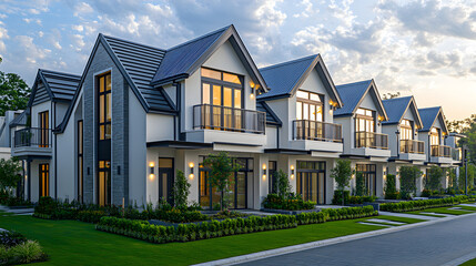 Contemporary suburban housing row featuring modern townhomes with landscaped lawns, streetlights and blue sky, Australian neighborhood real estate architecture for property development imagery