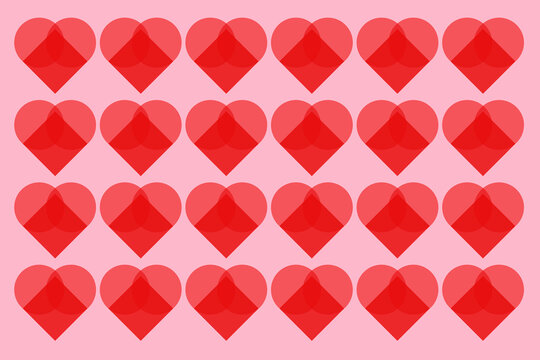 Red geometric hearts in repeating pattern on pink background illustration