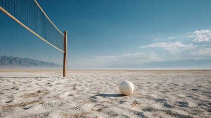 white volleyball rests on sandy terrain with net and distant mountains under bright blue sky