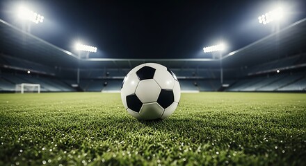Soccer ball on a green field in a stadium at night
