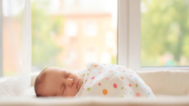 An adult baby sleeps peacefully wrapped in a white polka dot blanket with pink, green, orange, and yellow circles,