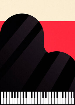 Minimalist illustration of piano keyboard with red background and reflection