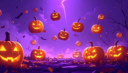 A fantastical Halloween night scene with many glowing jack-o'-lanterns under a purple, stormy sky with a lightning bolt, a bat, and some trees