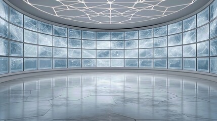 Fototapeta premium Futuristic empty room with glass block walls and a cracked reflective floor under a geometric ceiling structure.