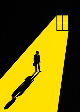 Businessman standing in spotlight by window with long shadow illustration