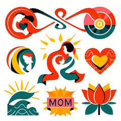 Stylized graphic collection with vibrant illustrations depicting maternal love, mother and child figures, hearts, suns, and natural elements like waves and lotus flowers.