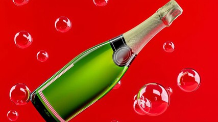 Sparkling champagne bottle elegantly tilting against vibrant red background, surrounded by floating bubbles, capturing the essence of celebration and effervescence in a dynamic motion sequence - Powered by Adobe