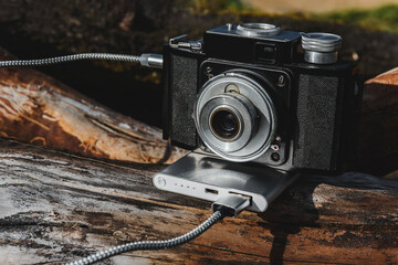Vintage Camera Charging with Power Bank Outdoors Modern Photography Equipment Concept