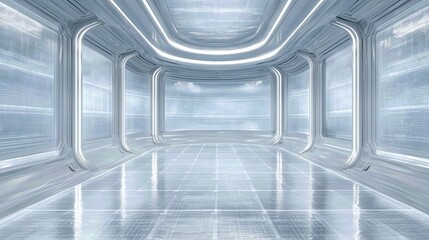 Obraz premium Futuristic empty room with metallic walls and reflective tiled floor, showcasing sleek, modern architectural design.