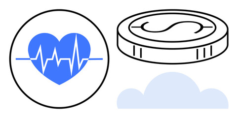 Blue heart with heartbeat line, outlined coin, and cloud. Ideal for health monitoring, finance, digital technology, innovation, connectivity, cloud storage simple flat metaphor