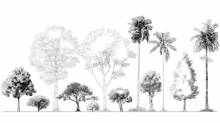 Side View of a Forest Edge with Tall Trees Creating a Dramatic Silhouette Against a Softly Lit Sky Minimalist Line Drawing Style for Nature Inspired Art and Design Projects