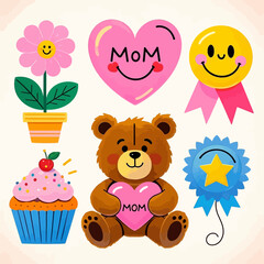 A cheerful collection of Mother's Day illustrations featuring a smiling flower, a heart with 'MoM', a cute teddy bear holding a 'MoM' heart, a celebratory cu...
