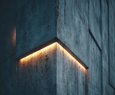 Cornerstone of Light: Capturing a dramatic architectural perspective, the image highlights a textured concrete wall with an illuminated linear accent. The contrast of rough and smooth.