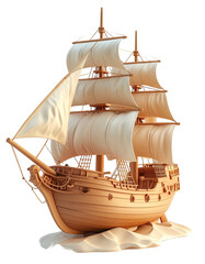 A detailed wooden model of a three-masted sailing ship, sails billowing, rests on a small sandy base