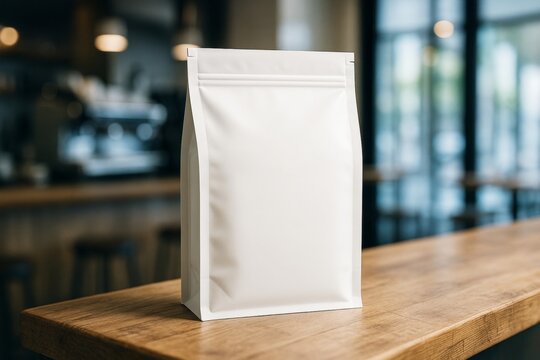 Blank white stand-up pouch mockup on wooden table in coffee shop interior with blurred background, perfect for branding and packaging design display. Ai generative