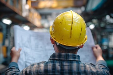 Construction worker examining blueprint on site