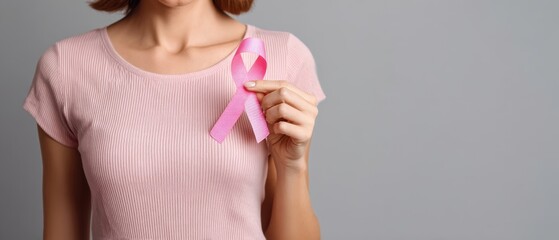 The woman holding a pink ribbon symbolizing breast cancer awareness and support.
