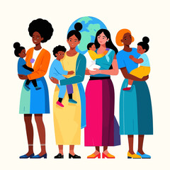 Obraz premium Diverse mothers and children standing together, united by motherhood, with a global perspective.