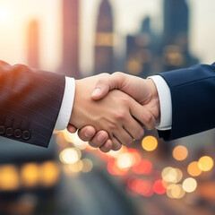 A strong handshake between two business professionals in suits, set against a blurred urban background with warm city lights