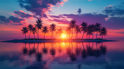 Picturesque tropical sunset over palm-lined exotic beach, colorful clouds and golden sunlight reflecting on water, serene nature landscape perfect for travel inspiration and holiday promotions