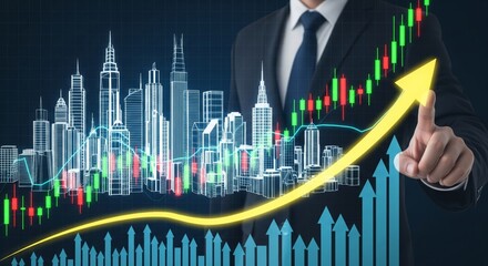 Real Estate Investment Growth with Skyscraper Icons and Stock Market Chart Overlay